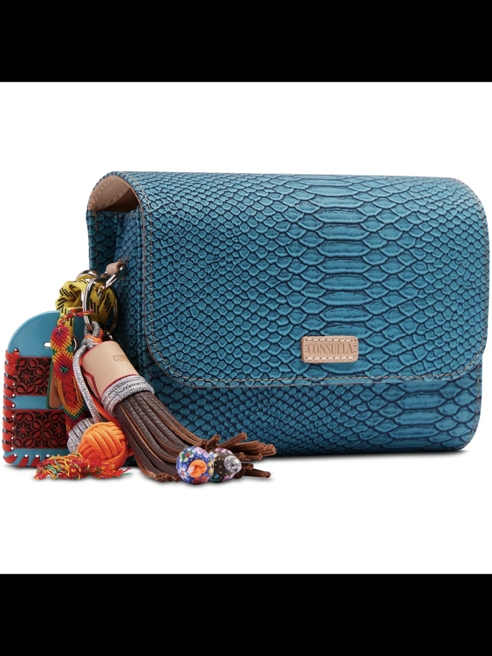 Consuela Turquoise Crossbody with Multicolor Tassel Charms Like New